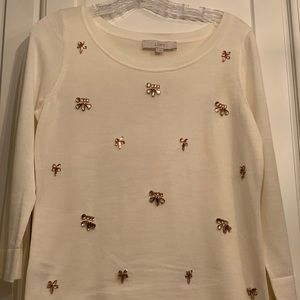 LOFT Cream Sweater with pink rhinestone detailing